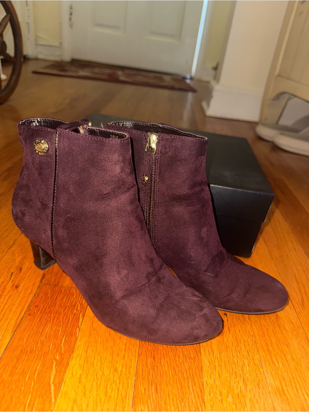Ellen Tracy Plum Suede Ankle Booties with Gold Accents